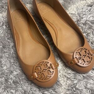 Tory Burch Tan Leather Flats with Signature Medallion
